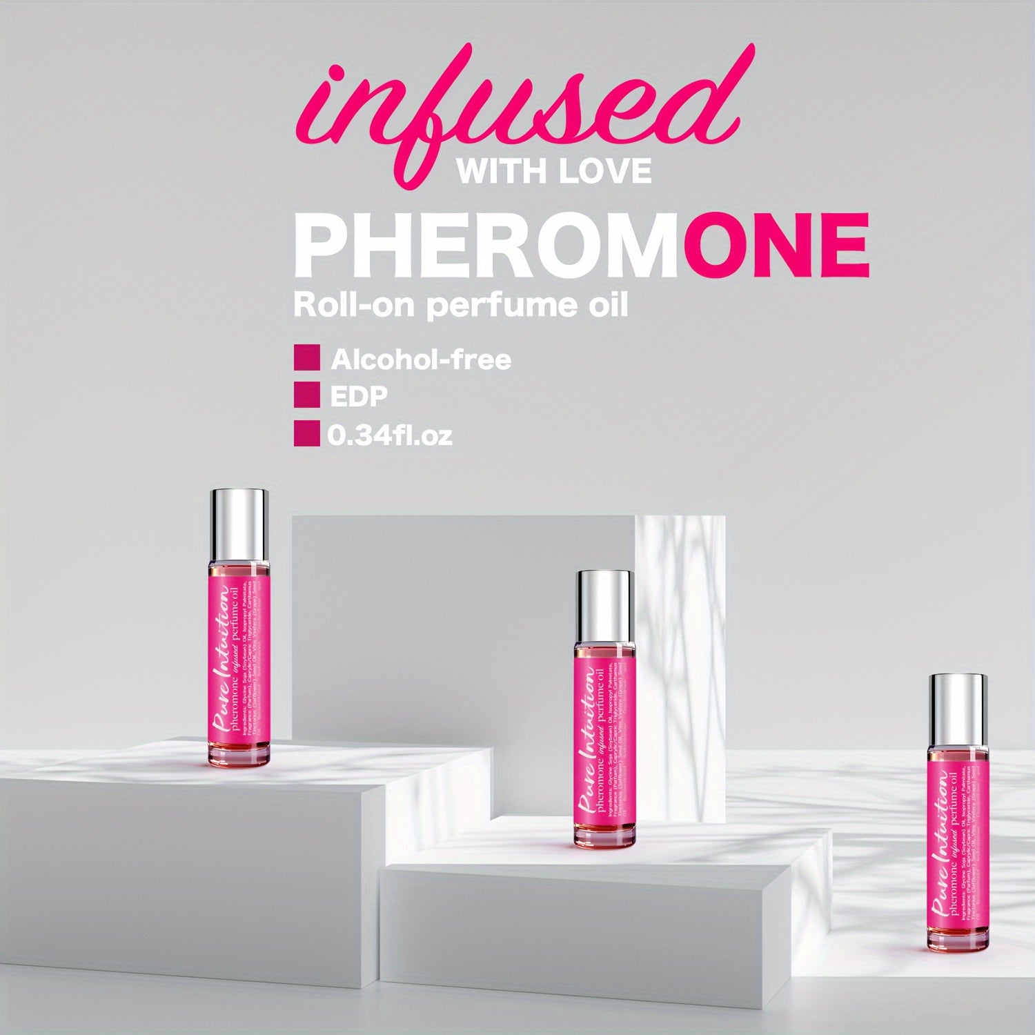NNETM Pheromone Perfume Oil bottles with pink labels, elegantly displayed, embody a captivating allure for intimate moments.