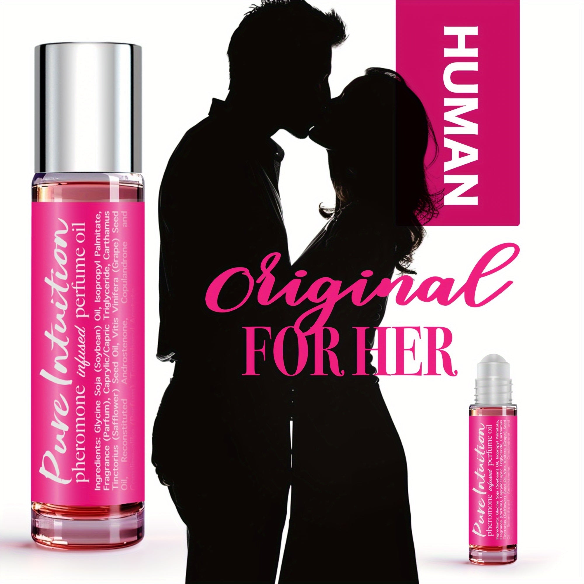 NNETM Pheromone Perfume Oil bottle with pink liquid, featuring a romantic silhouette of a couple in the background.