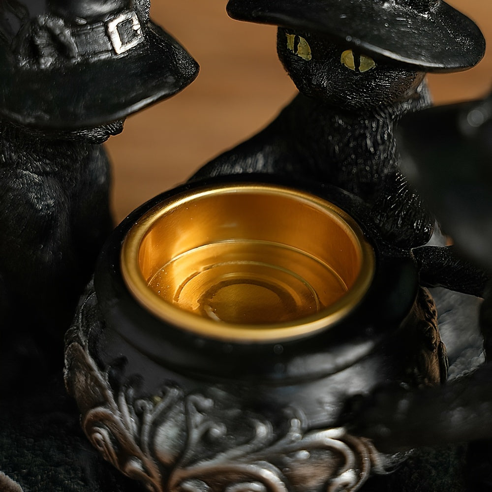 Sculpture Chat Sorcière avec Chaudron | Figurine Décoration Maison Gothique