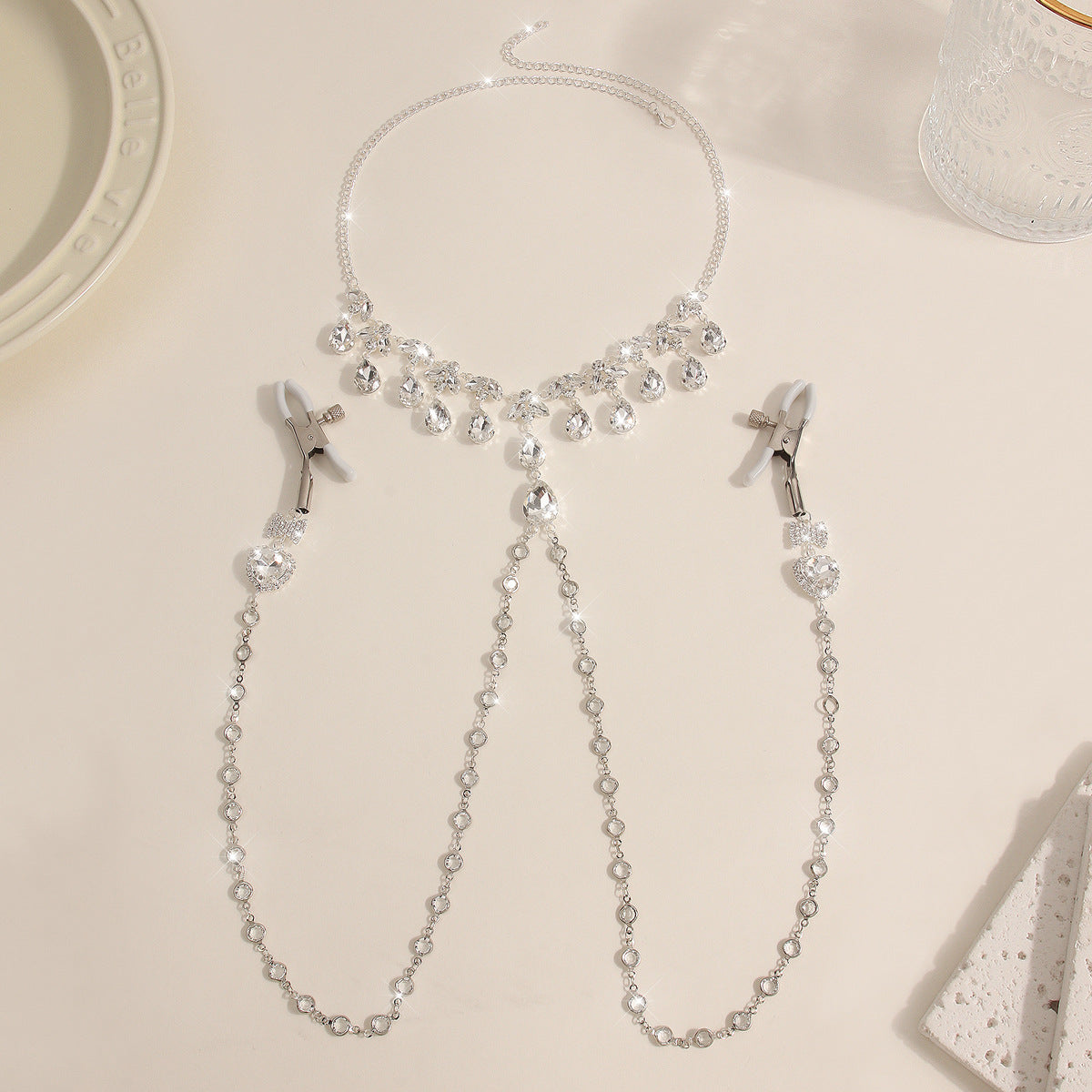 Heart & Bow Crystal Chain Nipple Clamps with Collar