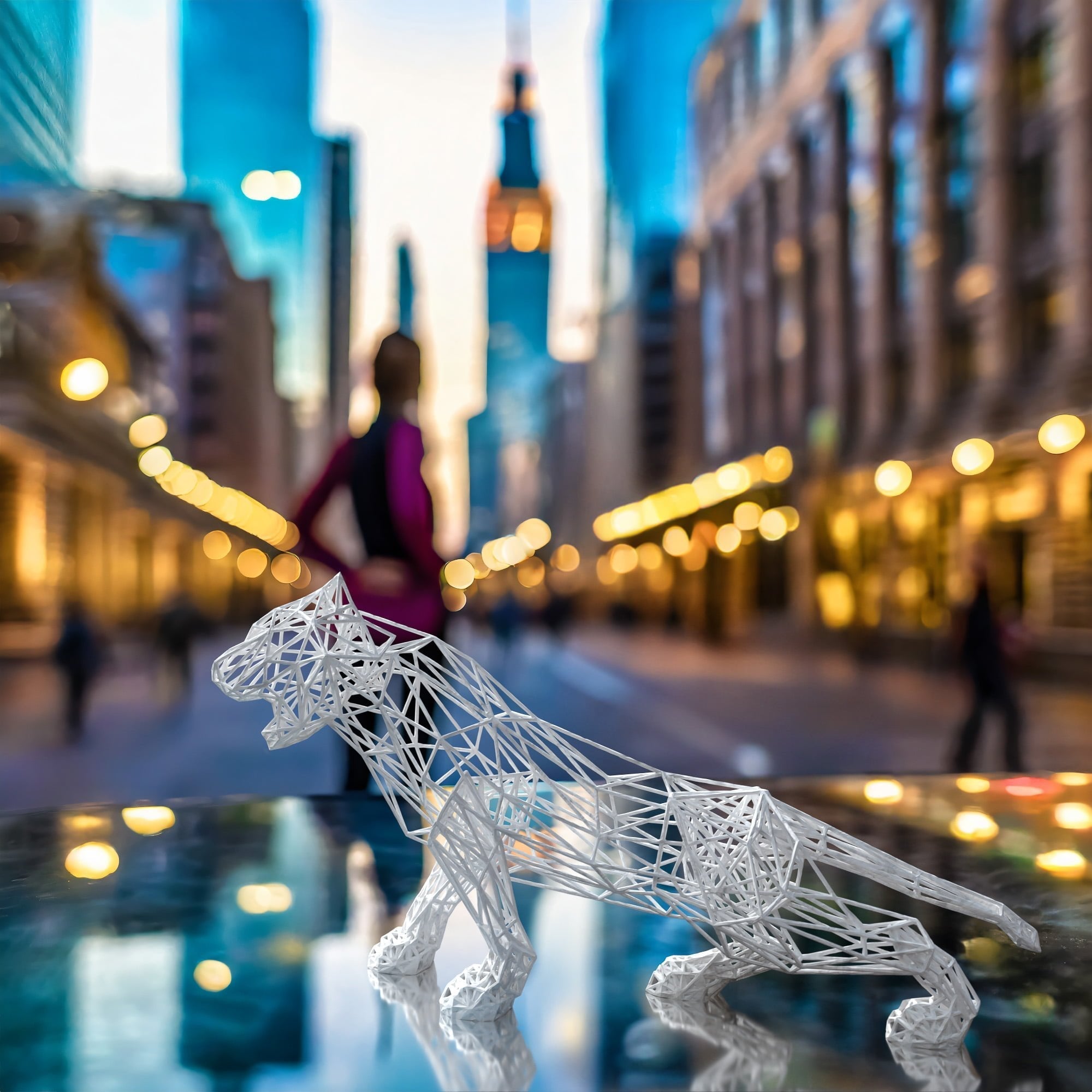 The Majestic Jaguar Sculpture stands poised in an urban landscape, its intricate wireframe design capturing the essence of wild elegance. This stunning piece invites admiration, transforming any space into a sanctuary of sophistication. Let it be a reminder of nature's beauty and your own journey of self-discovery, enriching your home with a character that is both timeless and youthful. Embrace the allure of artistry that resonates deeply with those who appreciate the finer things in life.