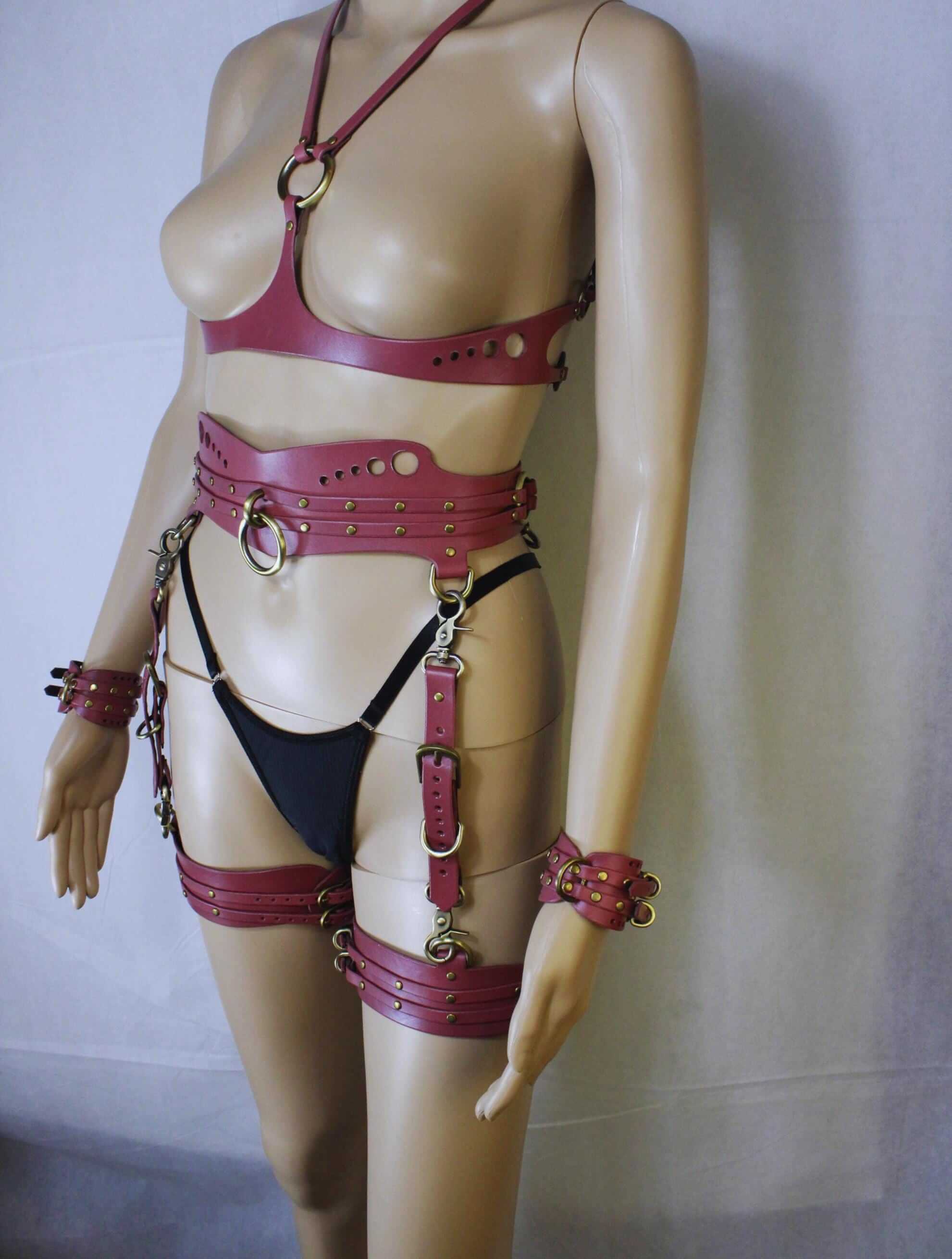 Womens Body Harness Set with Thigh Cuffs Submissive Collar