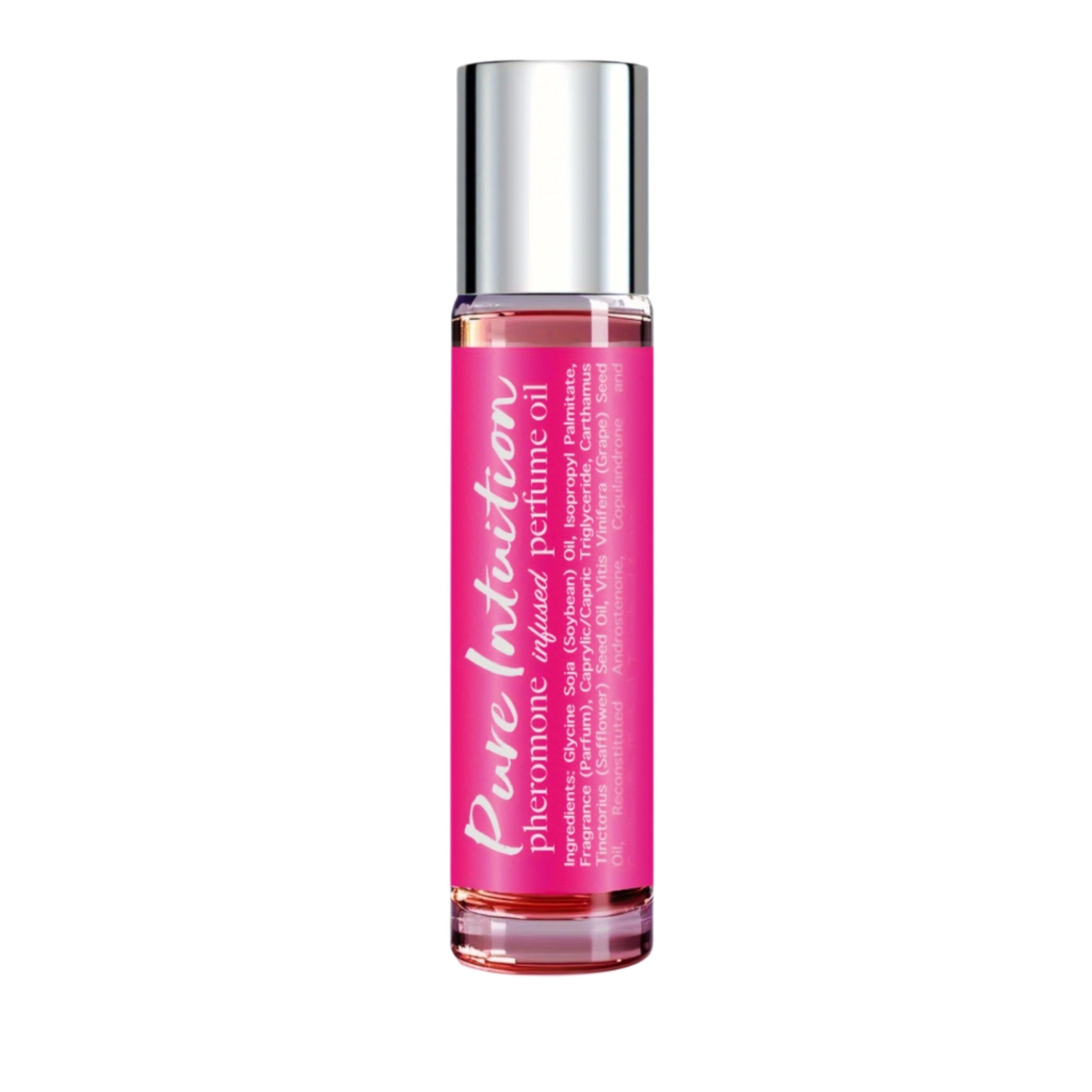 NNETM Pheromone Perfume Oil in a clear glass bottle with a silver cap, designed to enhance natural allure and connection.