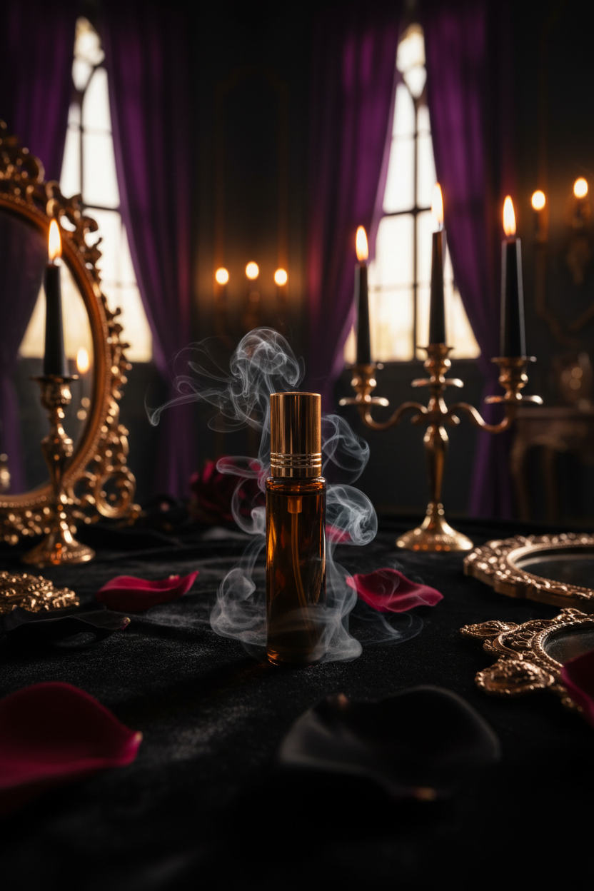 Pheromone perfume oil bottle in a gothic boudoir setting with candlelight and purple drapes