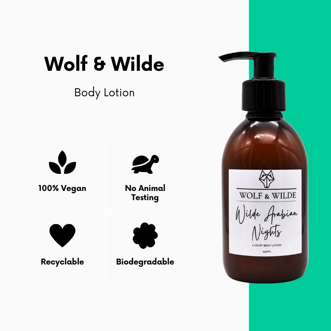 Wilde Arabian Nights Luxury Body Lotion envelops your skin in a velvety embrace, offering hydration and a captivating scent that lingers. Infused with exotic spices and rich notes of amber and patchouli, this lotion invites you to explore your sensual side. Handmade with care, it’s perfect for all skin types and embodies a commitment to cruelty-free, vegan beauty. Indulge in the elegance of self-care and let your skin radiate confidence and allure.